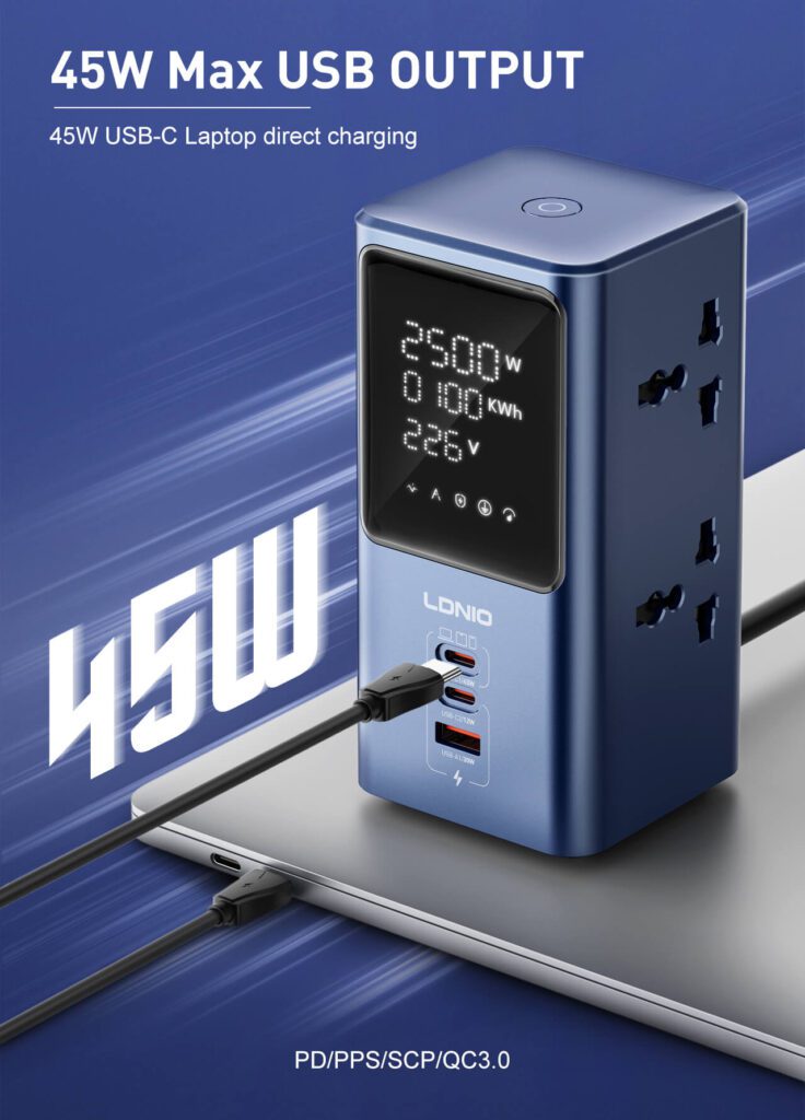 2 USB-C 1 USB-A port, 45W direct fast charging