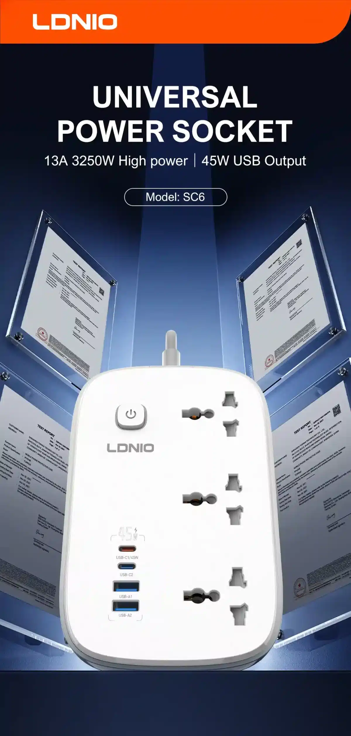 LDNIO SC6 Power Strip GAN 45W USB-C Port EU PLUG